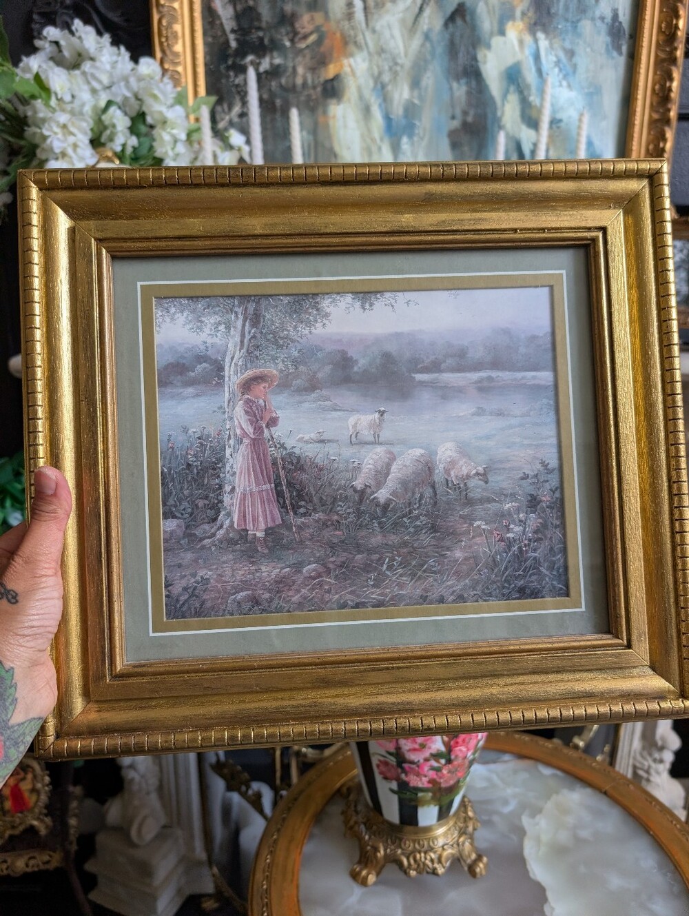 Vintage, MCM, Shepard Girl Vintage Print, Gold Wood Frame, Bettie Felder "Thru G